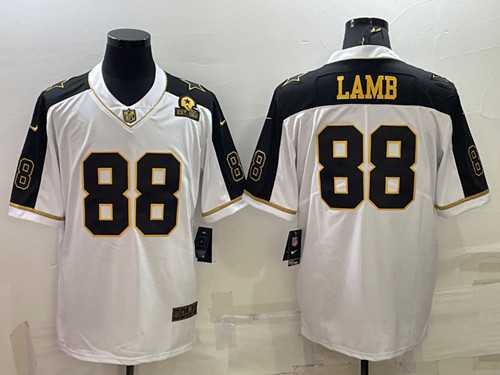 Mens Dallas Cowboys #88 CeeDee Lamb White Gold Edition With 1960 Patch Limited Stitched Football Jersey